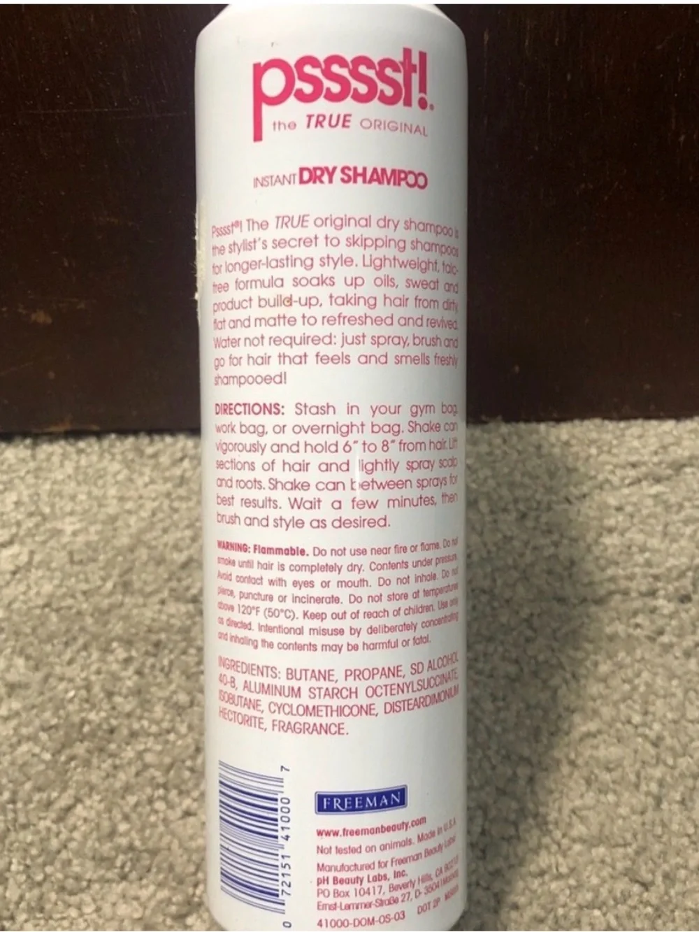 Freeman Psssst! Instant Dry Shampoo True Original, Refreshes & Revives, 5.3oz